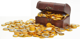 A treasure chest with coins spilling out of it