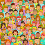 A cartoon of a large group of people of many types