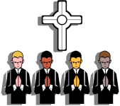 All saints together Computer graphic of a line of four men praying beneath a cross