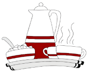 And cakes! Computer graphic of a coffee pot on a tray with a sugar bowl and two cups and saucers