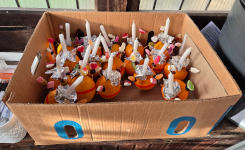 Box of oranges, each one with a candle on the top, a red ribbon round the middle and four cocktail sticks bearing sweets and dried fruit