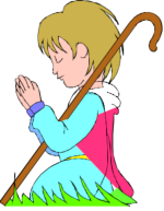 Coloured drawing of a young boy dressed as a shepherd, kneeling in prayer with a crook over his shoulder