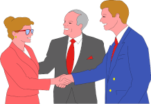 Computer image of a grey-haired man introducing a man and woman to each other