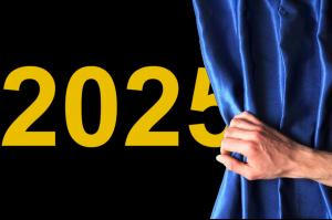 A hand pulling back a curtin to reveal the date 2025